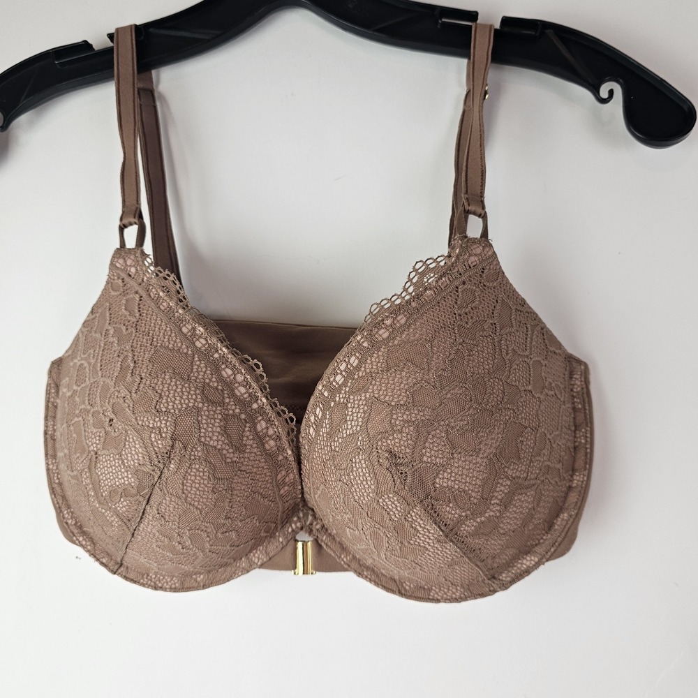 Soma Embraceable Push Up Bra 34DD Brown Underwire Front Close Lace Padded